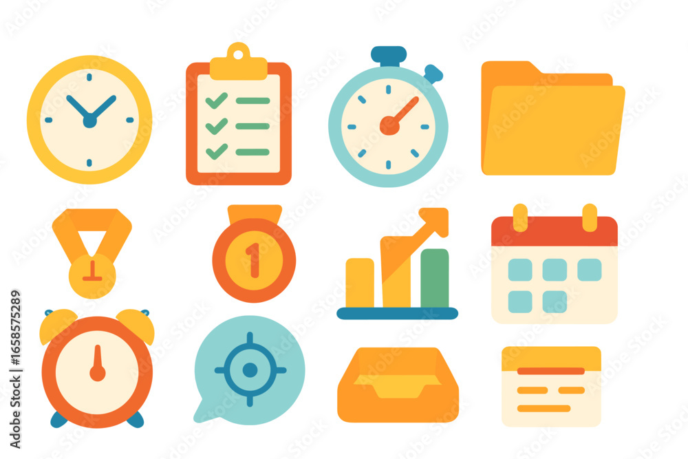 Poster time management, productivity flat icon set. optimize schedule with colorful planner icons