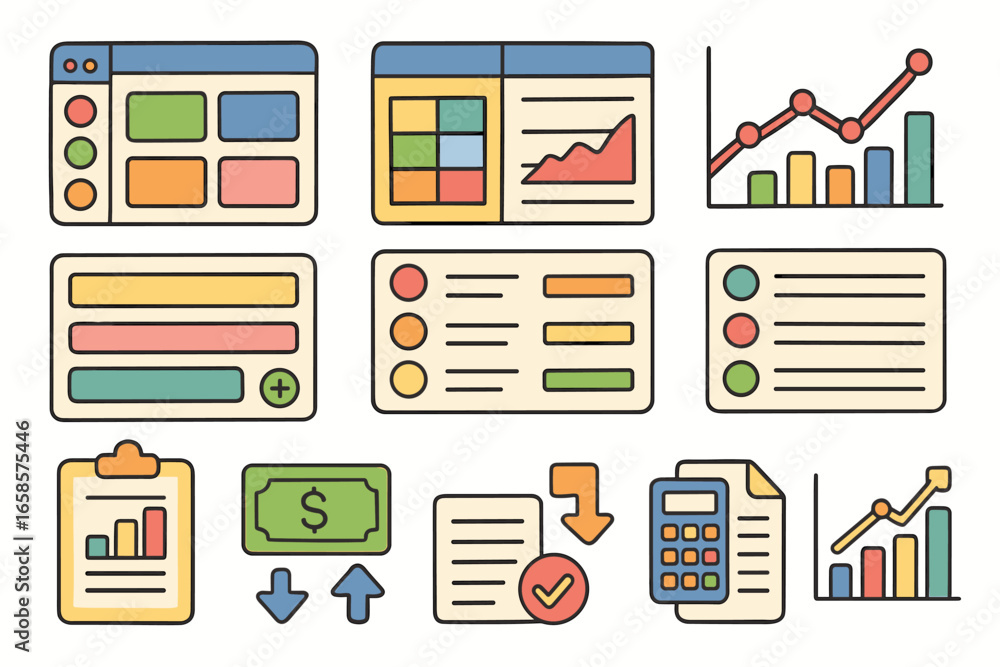Poster business analytics icon set. data visualization and analysis icons, flat style