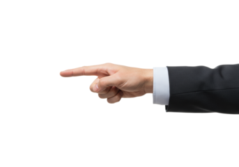 Fair-skinned adult hand, clean nails, professional shirt cuff, extended index finger pointing right, isolated on transparent studio background with copy space, concept of guidance