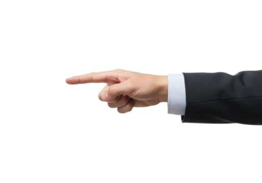 Fair-skinned adult hand, clean nails, professional shirt cuff, extended index finger pointing right, isolated on transparent studio background with copy space, concept of guidance - Powered by Adobe
