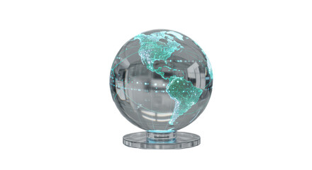 High-tech transparent Earth globe with glowing blue, green data projections on North/South America, on a polished surface, blurred corporate office background, concept of global innovation and