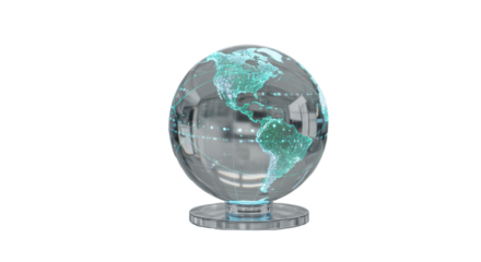 High-tech transparent Earth globe with glowing blue, green data projections on North/South America, on a polished surface, blurred corporate office background, concept of global innovation and