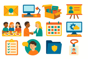 Business and office flat icon set for communication, management, and teamwork