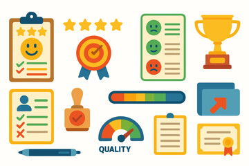 Business and productivity flat icon set. boost work efficiency with vibrant visuals