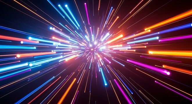 Dynamic energy burst of colorful light trails radiating outwards on black background, perfect for modern digital designs - Powered by Adobe