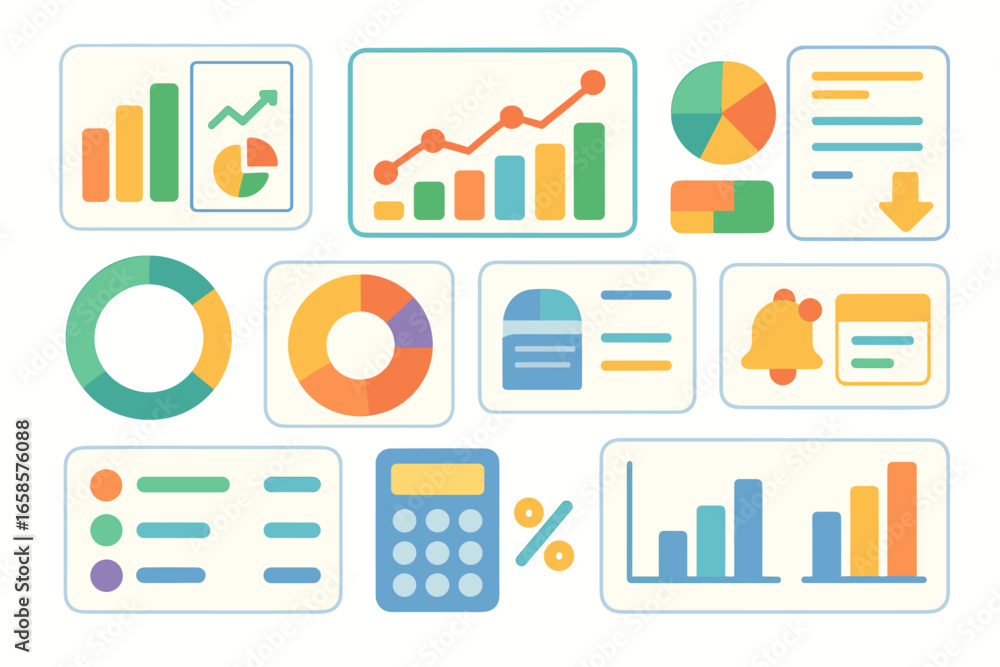 Poster data analytics flat icon set. charts, graphs, and data visualization tools
