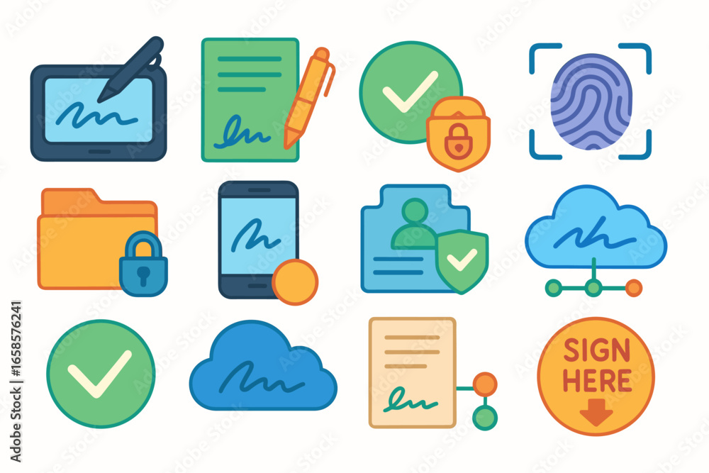 Poster document and security icon set. contract, cloud, and signature icons flat style