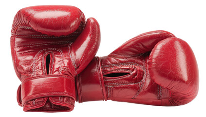 Two red leather boxing gloves, worn, laid side-by-side