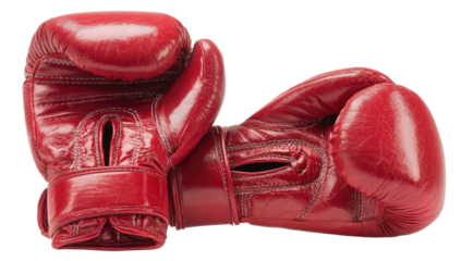 Two red leather boxing gloves, worn, laid side-by-side