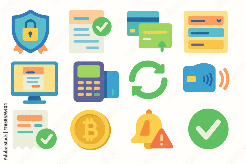 Poster finance and security icon set. flat design of payment and verification symbols