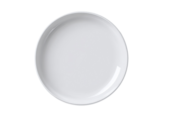 High-angle, overhead view of a blank, round, white plate.  The plate has a slightly raised rim