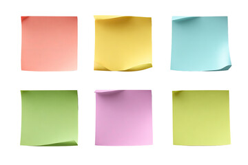 Six colorful sticky notes, arranged in a grid.  Each note is a different pastel shade and shows a slightly wrinkled, curved surface