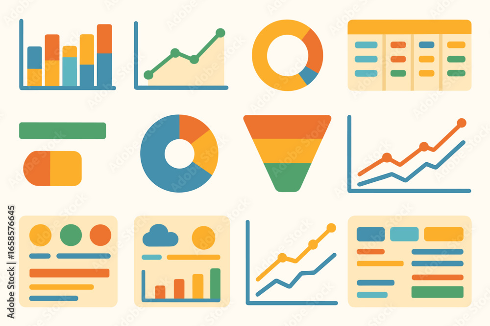 Poster data visualization flat icon set. charts, graphs, diagrams collection