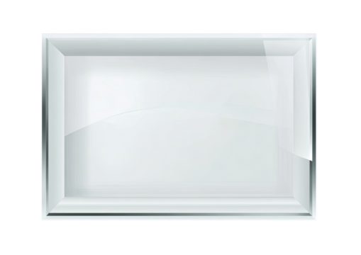 Rectangular display case, made of clear glass, with a beveled edge