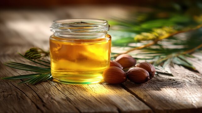 Glass jar of batana oil with American palm nuts and leaves on rustic wood, showcasing natural beauty care and organic skincare aesthetics.