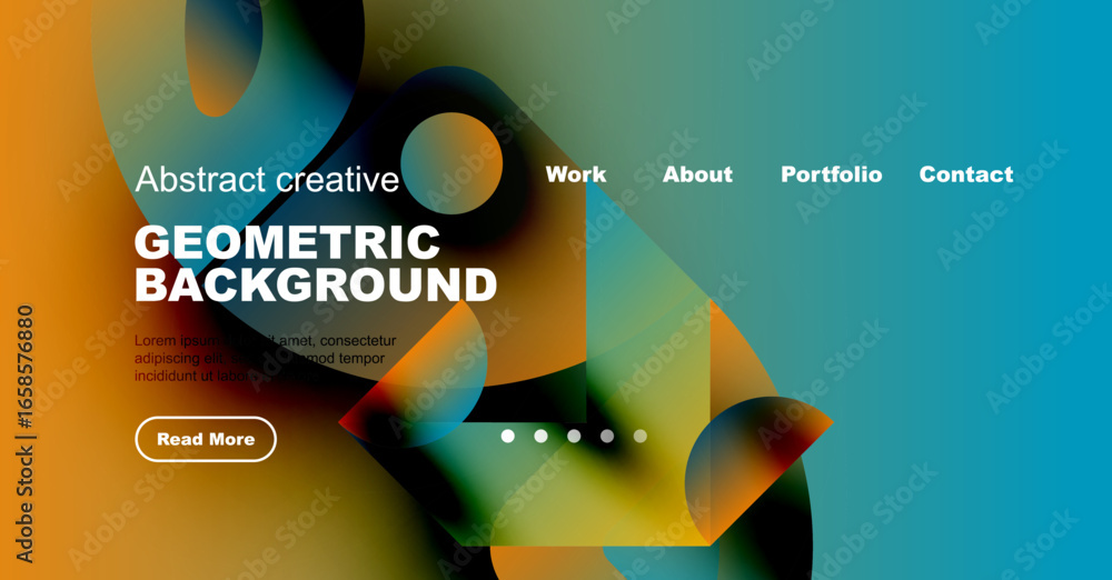 Poster abstract website mockup. colorful geometric shapes, text overlays, navigation menu present. modern d
