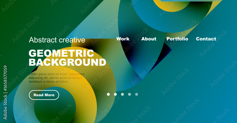 Poster abstract website design features overlapping colorful shapes. text promotes geometric background, in