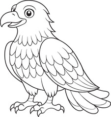 Cartoon eagle line art illustration in black and white style featuring friendly bird of prey for coloring and education