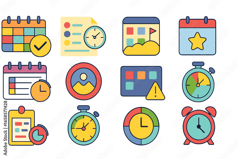 Poster time management and calendar outline icon set. office scheduling icons collection