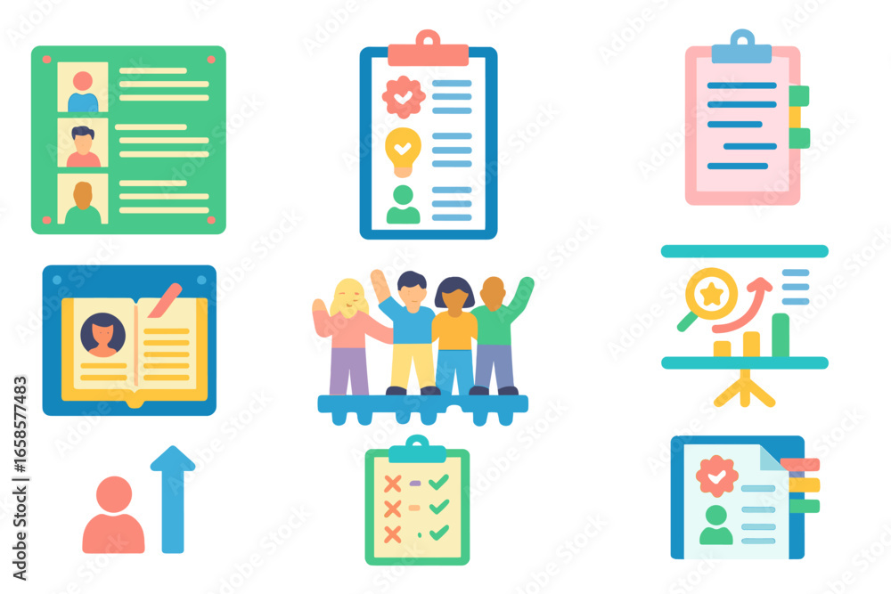 Poster productivity, management outline icon set. efficient workflow icons in outline style