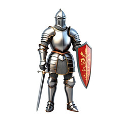 Fototapeta premium Knight in shining armor standing confidently with sword and shield in a medieval setting