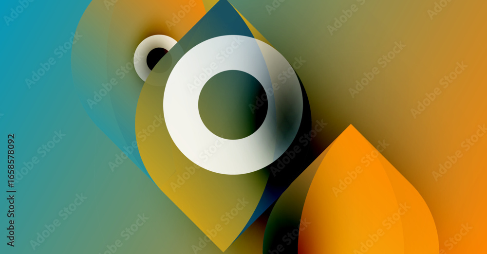 Poster abstract shapes blend, creating dynamic composition. warm, cool colors contrast. circular element do