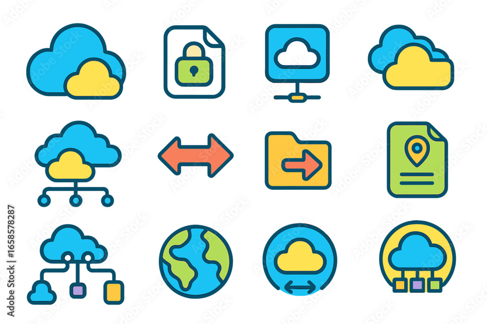 Poster cloud computing, security flat icon set. data storage, network, internet collection
