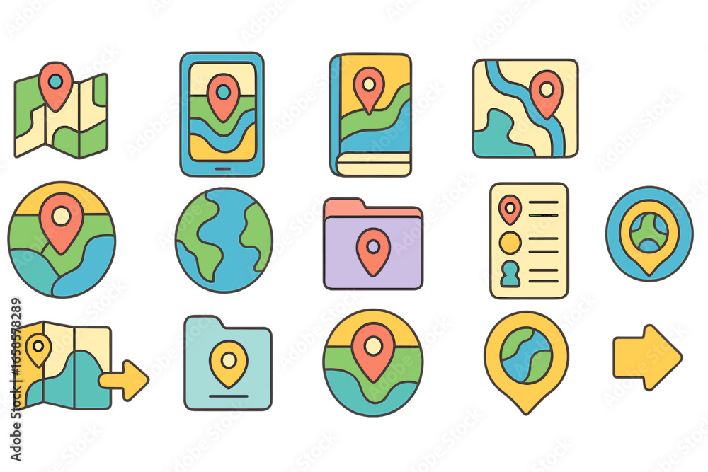 Poster navigation and map line icon set. direction, location, gps symbols outline style