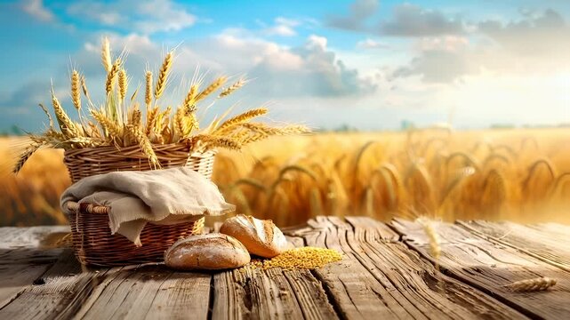 A rustic wooden table holds a wicker basket filled with freshly baked bread. The scene is set against a backdrop of a serene sky with fluffy white clouds.