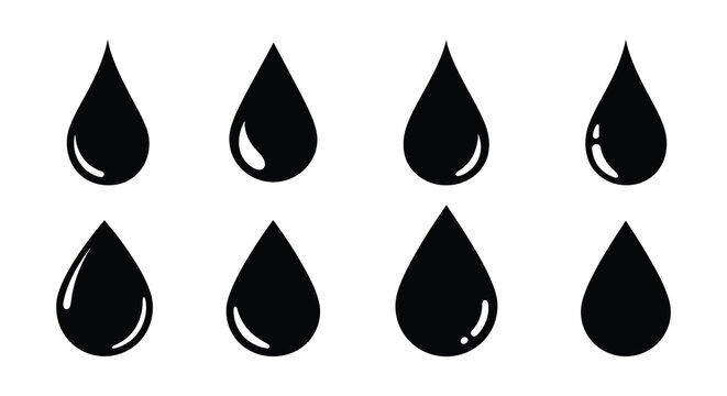 Eight black teardrop shaped droplets on a white background