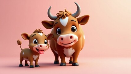 Naklejka premium Adorable Cartoon Cow and Calf Embrace Warmth
