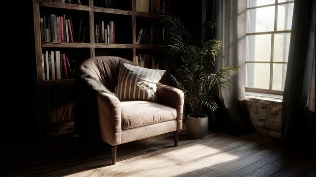 Cozy reading corner with armchair and bookshelf