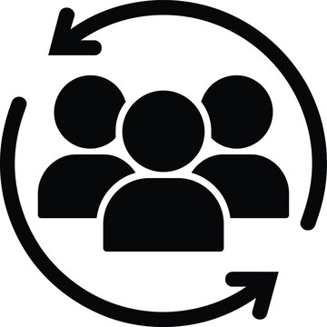 Black icon of three people in a circle with rotating arrows symbol group