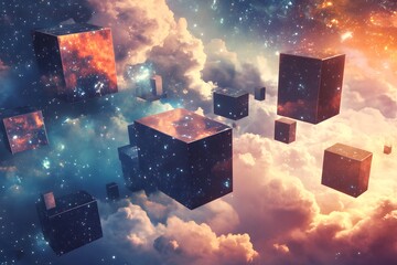 Abstract cubes labeled with knowledge streams floating in space leaving blank regions 