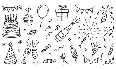Birthday celebration party hand drawn items are showcased in a birthday sketch, complete with cake, kids, holiday doodle art drawing, and modern elements, along with a birthday card and gift