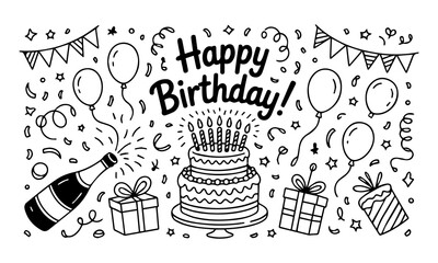 Birthday celebration party hand drawn items are showcased in a birthday sketch, complete with cake, kids, holiday doodle art drawing, and modern elements, along with a birthday card and gift
