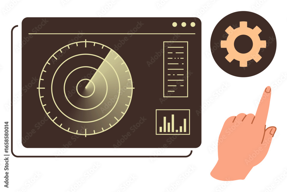 Fototapete radar screen showing detection chart with stats, gear icon for settings, and hand pointing at the ge