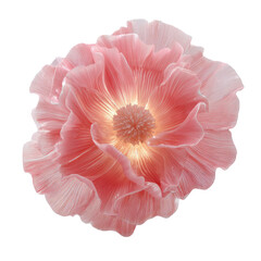 Close-up of a delicate, light pink flower.  Soft, layered petals radiate outward from a bright, central core.  The flower appears sculpted or painted, with smooth textures and a luminous quality