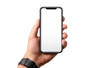 A hand holds a black smartphone, screen facing forward