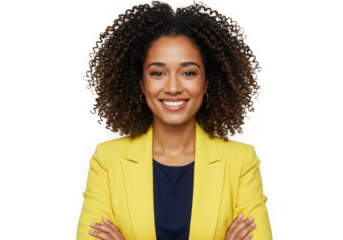 Ai generated image of young woman in yellow blazer isolated on transparent background