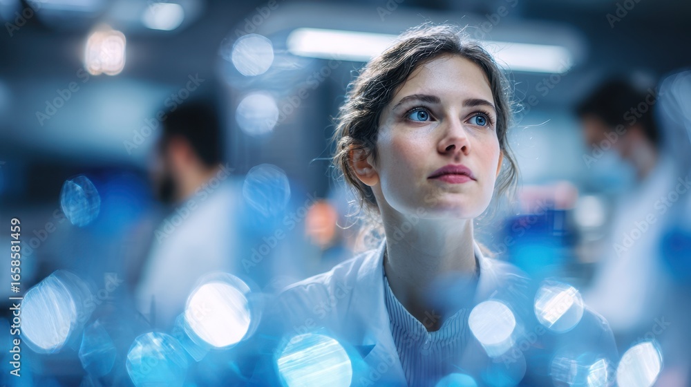 Poster somaticvariant expert examining nextgeneration sequencing tumor profiles in a modern lab environment