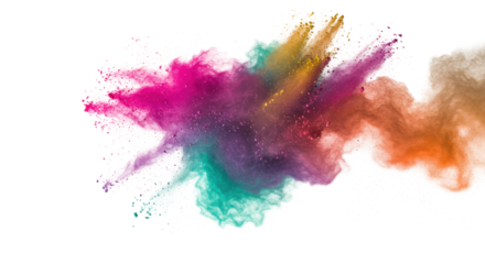 Dynamic burst of richly colored powder particles suspended in mid-air, frozen in motion against a transparent background with ample copy space, concept of dynamic growth and innovation