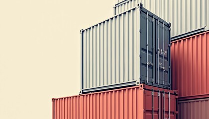 Fototapeta premium Stack of international shipping containers symbolizes global trade, logistics, import export, worldwide commerce. Represents supply chain, cargo movement, economic factors like tariffs, regulations.