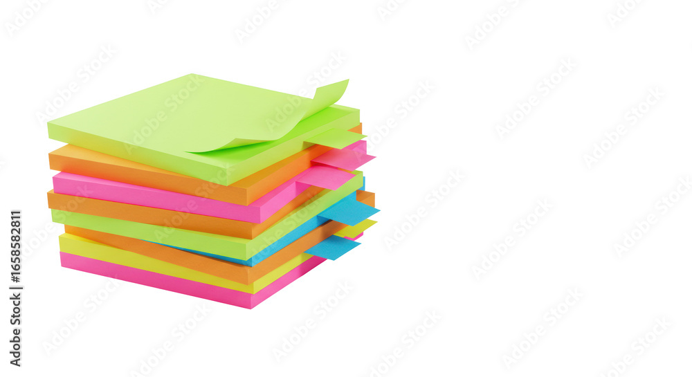 Poster a neatly stacked pile of vibrant multi-colored sticky notes, some pages peeled, on a pristine transp