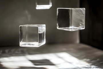 A series of floating transparent blocks gently rotating in place with soft glowing light coming from within and room 