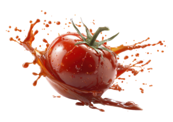 A vibrant red tomato immersed in a dynamic splash of its own juice
