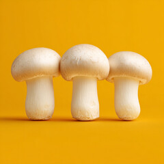 Three white shiitake mushrooms, isolated on a bright yellow background, minimal composition