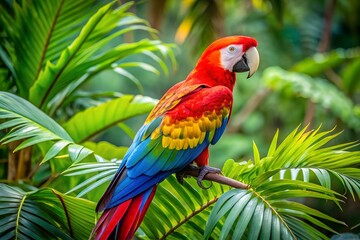 Obraz premium Scarlet macaw perched on a palm tree branch