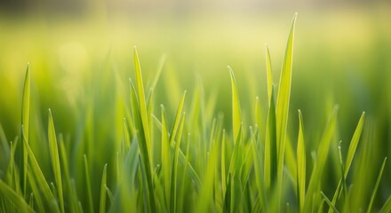 Fototapeta premium Closeup of vibrant green grass blades with dew drops, illuminated by soft sunlight, creating a serene natural background