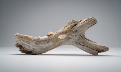Naklejka premium Weathered driftwood branch fragment with seashells, against a light gray backdrop
